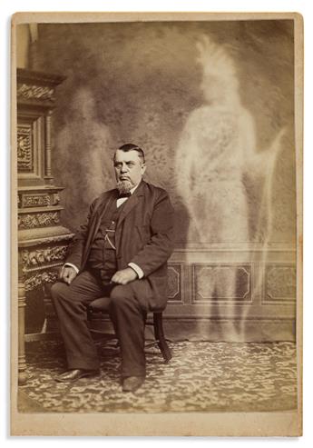 (SPIRITUALISM) Four spirit photograph cabinet cards depicting sitters among shrouds of floating photographic souls.